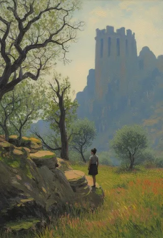 Impressionist landscape painting showing a young woman silhouetted on a mossy stone platform looking towards an ancient tall cylindrical stone tower among jagged rocks, surrounded by gnarled trees, wildflowers, and dappled sunlight.