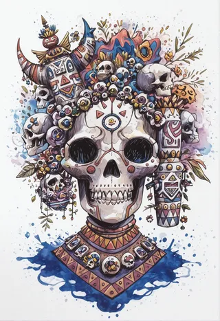 Watercolor painting of an abstract skull totem with vibrant colors and intricate ink details on a white background