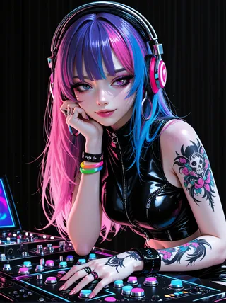 A futuristic DJ girl with heterochromia eyes, pink and blue hair, colorful bracelets, black leather outfit, and detailed tattoos operating a DJ mixer.