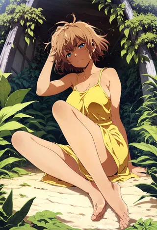 Anime-style brown-skinned girl with short messy hair and blue eyes, sitting barefoot on the ground wearing a yellow sundress, surrounded by green plants and looking with a scowl.