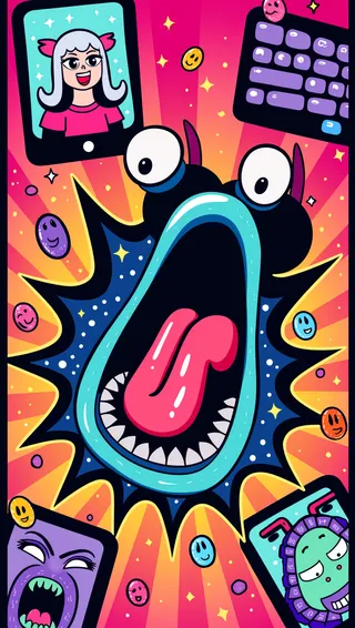 A vibrant comic-style cartoon featuring a large, stylized blue mouth with a red tongue screaming at the center against a colorful background with TikTok screen, anime characters, Discord keyboard, memes, and emoticons surrounding it.
