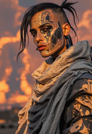Portrait of a futuristic humanoid with intricate cyberpunk-style black face tattoos and undercut hair tied back, wearing layered scarves and a patterned jacket against an orange sunset background.