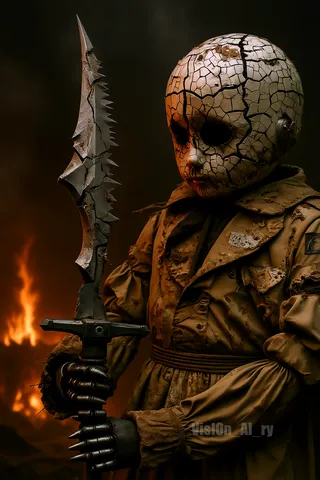 Figure with cracked plaster doll head, one mechanical eye, ragged clothes, mechanical arms holding a large jagged dagger with dark background and flames.