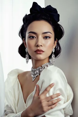 Portrait of an Asian woman with dark hair styled in an elegant updo with a large black bow, wearing a white dress and intricate diamond jewelry including a choker and dangling earrings, against a plain light-colored background.