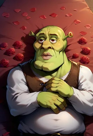 Shrek lying down on a bed of red roses and rose petals with a serene expression, wearing a white shirt and brown vest, glowing softly with sparkles.