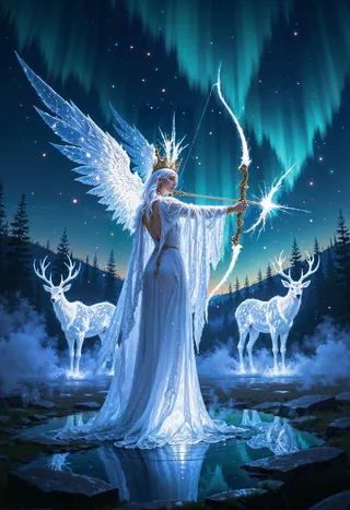 A crystal fae monarch with glowing prismatic wings aiming a bow of frozen starlight, standing on a shattered mirror lake under a vibrant aurora sky, surrounded by spectral stags emerging from mist.