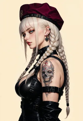 Side view digital illustration of a blonde woman with long braided hair wearing a maroon beret and black leather tactical outfit with a detailed skull tattoo on her left shoulder.