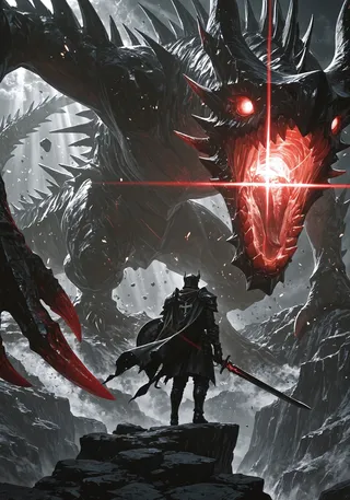 A dark knight in full armor stands on a rocky cliff facing a massive abyssal dragon with glowing red eyes and mouth, under dramatic cinematic lighting.