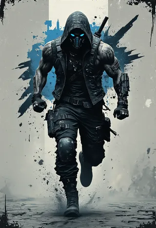 A male cyberpunk warrior with blue glowing eyes running fast, dressed in black tactical attire with a hood, set against a grungy blue and gray background with distressed textures.