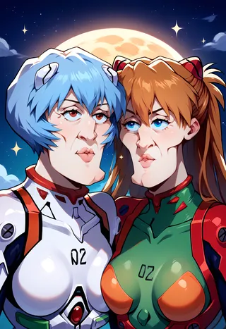 Two girls from Neon Genesis Evangelion, Souryuu Asuka Langley in green and orange plugsuit and Ayanami Rei in white plugsuit, posed under a starry night sky with a glowing moon.