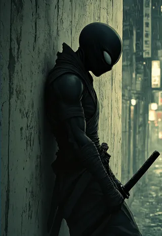 An alien ninja warrior clad in dark attire leans against a textured wall in a rainy urban setting, illuminated by ambient, moody lighting with high contrast and noir-inspired shading.