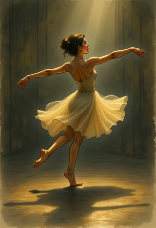 A dancer in a light, flowing dress captured mid-movement in a dimly lit dance studio with dramatic spotlight creating shadows on the floor and walls.