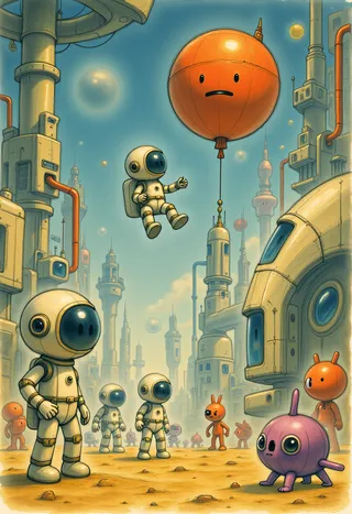 A futuristic space station built from shiny metallic balloons, showing balloon astronauts floating in zero gravity alongside uniquely designed balloon aliens, evoking a playful 1980s sci-fi vibe.