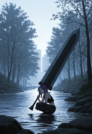 A girl with dark purple braided hair and blue eyes squats partially submerged in a river holding a gigantic sword over her shoulder, surrounded by trees and a muted city in the background with dramatic volumetric lighting.