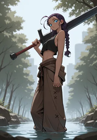 A girl with dark purple braided hair and blue eyes stands knee-deep in a river, holding a gigantic sword resting on her shoulder, wearing loose adventurer clothing against a muted city background with trees.