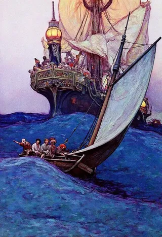 A dramatic maritime scene featuring a wooden sailboat with a pirate crew sailing through tumultuous, deep blue waves with a large historic ship in the background under a pale sky.