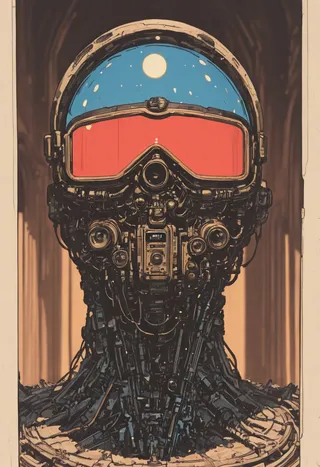 Detailed mechanical robot with an intricate helmet featuring red and blue visor reflecting moonlight, rendered in traditional line art style.
