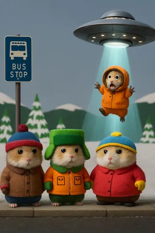 Realistic hamsters dressed as South Park characters Stan, Kyle, Cartman, and Kenny at a bus stop, with Kenny being abducted by a UFO in a tractor beam while the others ignore it.