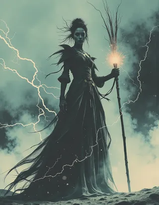 Full-body image of an ancient sorceress standing in a stormy desert with lightning striking around, holding a glowing crystal staff, wearing an elaborate dark dress with mystical and ethereal elements.