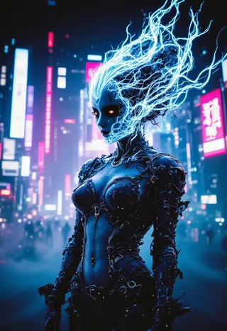 A female android with glowing electric blue hair and a detailed mechanical body stands in a neon-lit dystopian cityscape at night.