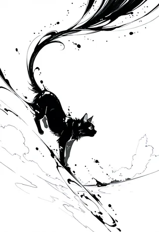 A black cat illustrated in monochrome with an ink splash effect and a flowing tail creating a dynamic, high-detail scene.