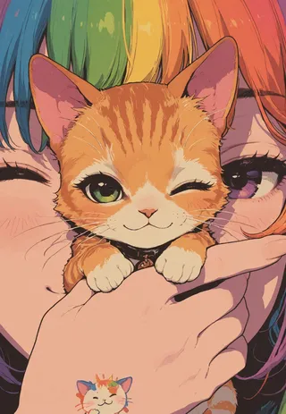 Close-up hand-drawn style illustration of a cute girl with rainbow hair and fake cat ears winking while holding a winking orange tabby kitten, rendered with flat colors and no lineart.