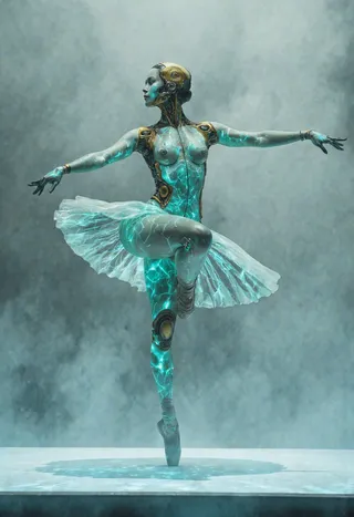 A cyborg ballerina en pointe on a floating platform, featuring a tutu made of fractured teal holograms, glass-like skin revealing gold servo-motors, and a misty background resembling frozen soundwaves.