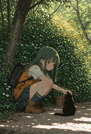 Anime girl with long green hair crouching outdoors, petting a small black cat, surrounded by dense greenery and sunlight filtering through trees.