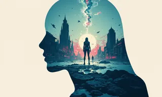 A surreal double-exposure scene within a human profile silhouette shows a post-human cityscape with futuristic towers and figures standing under a glowing orb with neon and cool tone contrasts.