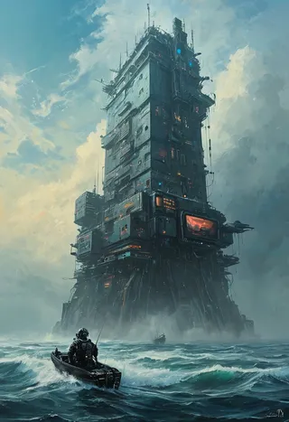 A massive cyberpunk-style tower rising from the sea with fog around its base, a lone fisherman in a boat in the turbulent water, and a dramatic sky above.