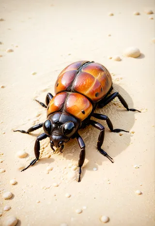 Photorealistic close-up of a Buns beetle with shiny orange and black segmented body, black legs, positioned dynamically on light sand with small water droplets.