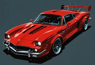 A red muscle car illustrated in flat design style featuring triadic colors, spot color, and a dark inverted background.