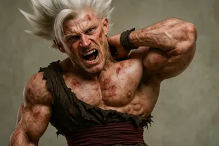 Muscular man with white spiked hair, battle scars, and torn clothing displaying a fierce expression as Gohan Beast.