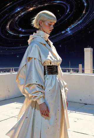 A futuristic fashion model stands on a rooftop at night wearing an avant-garde oversized coat cinched with a metallic belt, with a celestial starry sky behind her.