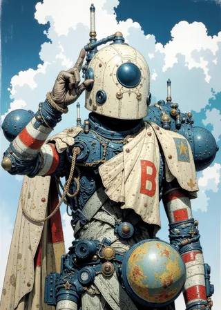 A figure in detailed steampunk armor with a large helmet and ornate costume against a blue sky with clouds.