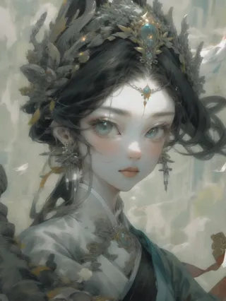 Elegant female portrait with black hair and striking blue-green eyes, adorned with intricate ancient Chinese jewelry and traditional attire, rendered in an oil painting style.