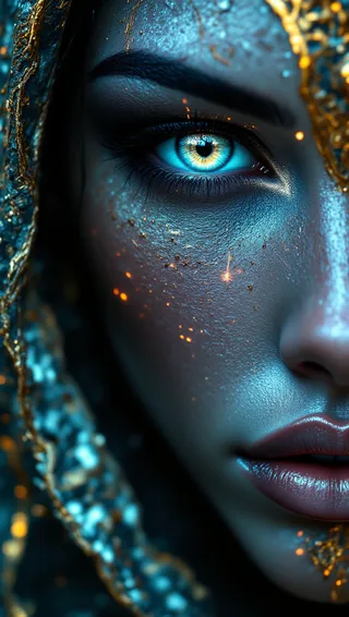 Macro close-up of a female android's face showing flawless iridescent skin with glowing circuit patterns, a striking blue mechanical eye, and golden Art Nouveau filigree.