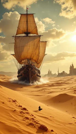 A massive sail ship with tattered sails sailing across golden desert sands under a bright sun with distant city ruins on the horizon.
