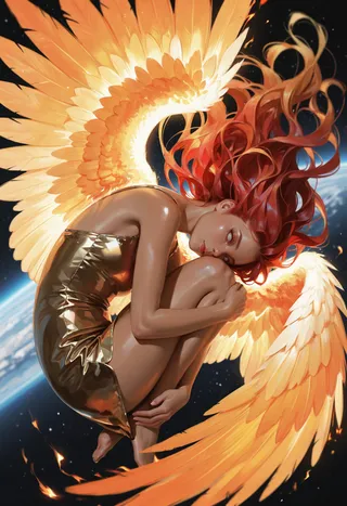 A woman with fiery, multicolored phoenix wings and flowing red hair curled in a fetal position, wearing a shiny gold dress, floating against a space backdrop.