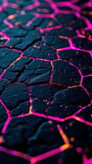 Abstract wallpaper featuring a 3D geometric pattern of interlocking hexagons with glowing neon pink, teal, and yellow edges on a matte black textured surface, showing depth of field.