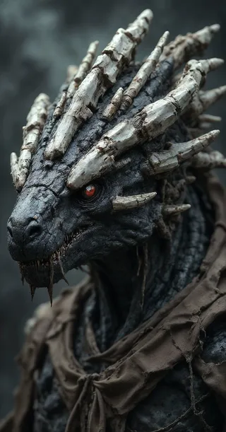 Digital painting of a menacing dragon with dark, decaying textured skin, adorned with elongated white rod-like protrusions on its head, glowing red eye, and wrapped in tattered brown cloth against a dark stormy background.