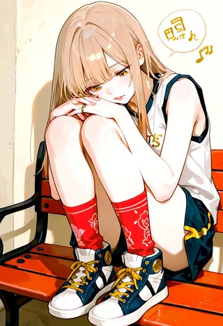 A thoughtful anime-style girl with light brown hair sits curled on a bench wearing a white basketball top and red patterned socks with blue sneakers.