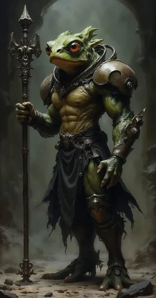 A muscular frog-like mutant warrior with bulging orange eyes, clad in intricate armor and holding an ornate staff, standing in a shadowy, eerie setting.