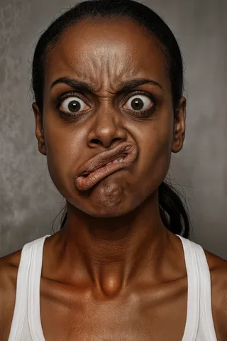 Close-up portrait of a dark-skinned woman making a dramatic grimace with wide eyes and twisted lips against a soft gray mottled background.