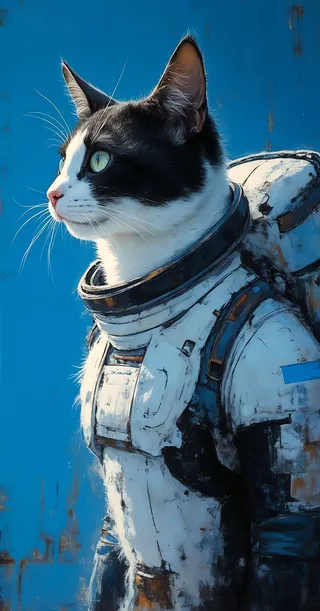 Oil painting of a black and white cat wearing a space suit, side profile against a blue background with ample empty space.