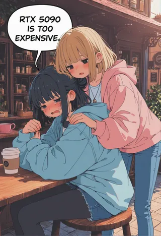 Two girls at a cafe table, one with blonde hair comforting the other with black hair who is crying, both wearing casual clothes, outdoor setting with sunlight.