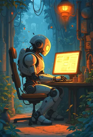A robot sitting at a computer in a whimsical fantasy setting with glowing warm lighting and natural painterly surroundings.