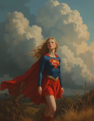 A young teen Super Girl stands gracefully outdoors beneath towering storm clouds, wearing her iconic red and blue costume with flowing hair, captured in a dramatic oil painting style.