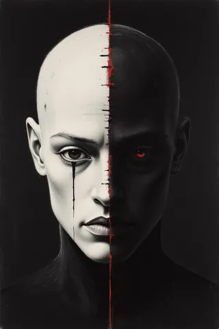Minimalist black and white portrait of a Gothic warrior with half the face in white and half in black, separated by a red line and a gradient black background.