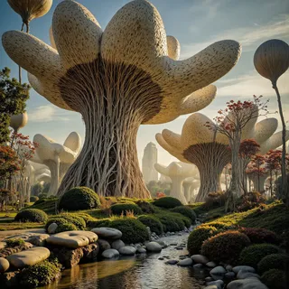 A landscape featuring massive mushroom-shaped trees with textured trunks and caps, surrounded by smaller plants, a flowing stream with rocks, and a faint modern city skyline in the background under warm sunlight.